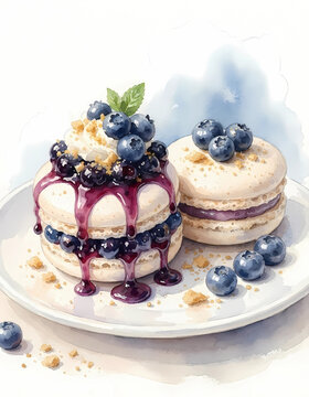 Watercolor illustration of blueberry macaron