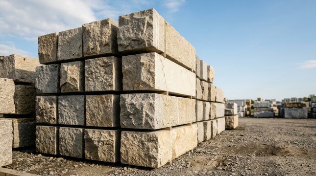 Large Stack of Natural Stone Blocks in Quarry Storage Yard.