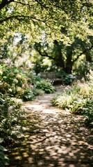 Fototapeta premium Serene Forest Pathway Surrounded by Lush Green Trees and Sunlight.