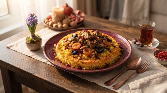 Azerbaijani plov saffron rice seasonal spring food photography