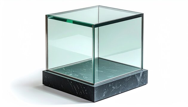 Empty cube-shaped glass display case with marble base on white