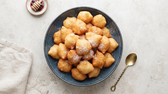 Kazakh baursak fried dough flat lay food photography image