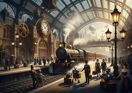 Steampunk train station with vintage steam locomotive and futuristic robots on the platform