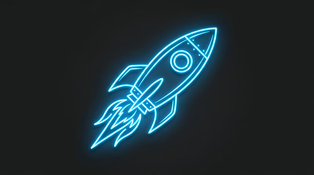 Neon blue outline illustration of a rocket ship blasting off against a dark black background with illustration