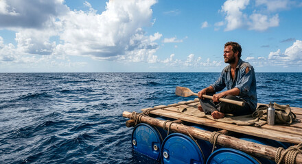 Fototapeta premium Cinematic wide shot of a resilient survivor drifting on a homemade raft at sea, copy space