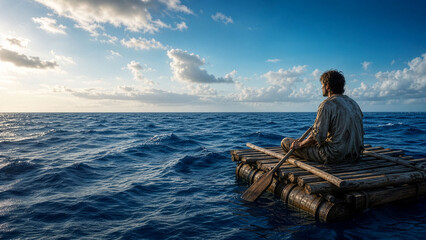 Fototapeta premium Survival, isolation and crisis management concept, man on a wooden raft with blank space