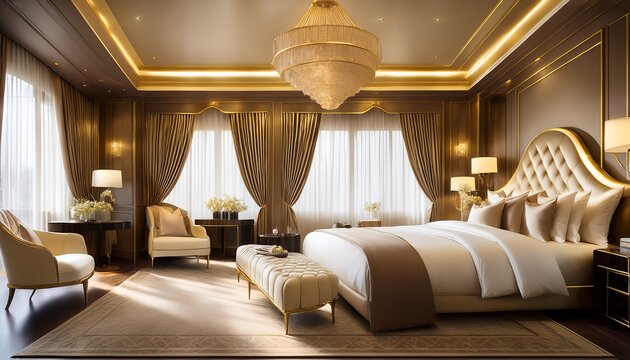 elegant hotel room with soft gold accents creating a warm and inviting atmosphere for guests seeking luxury and comfort