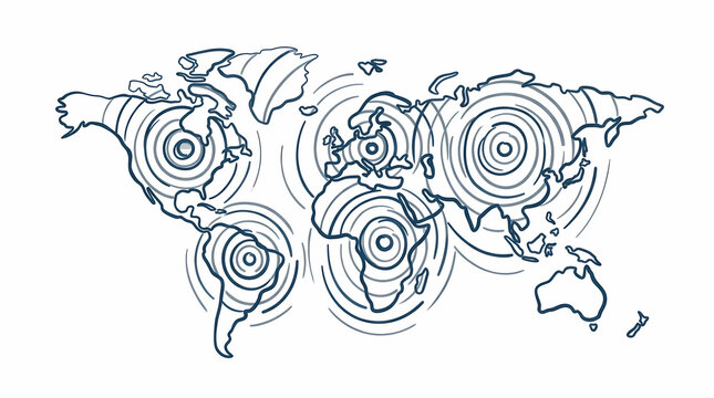 Global communication network map showing signal waves