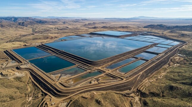 Aerial View of Large Industrial Water Treatment and Storage Ponds in Arid Landscape.