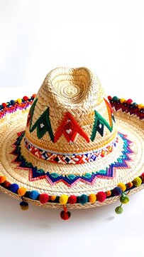Woven straw sombrero with colorful embroidery and pom-pom trim