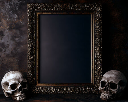 A Halloween-themed horizontal invitation card mockup with a skull and ornament background, featuring a dark and spooky vertical design
