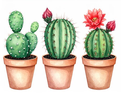 Three potted cacti with blooming buds and flowers