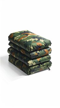 Stacked padded rectangles with camouflage pattern on white