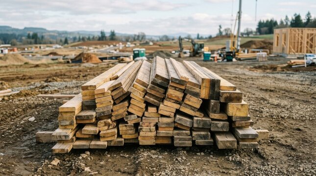 Stack of Wooden Beams on Construction Site.