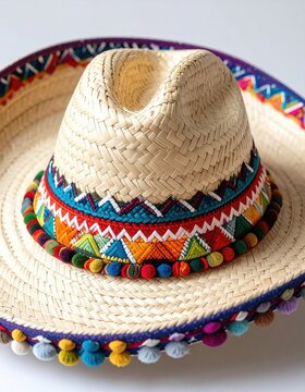A woven straw hat adorned with vibrant, colorful embroidered trim and pom-poms