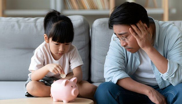 A worried father sat on a sofa, while his child put a coin in a piggy bank. Financial troubles and stress were evident; they had no money to pay the mortgage or other loans. Debts and potential bankru