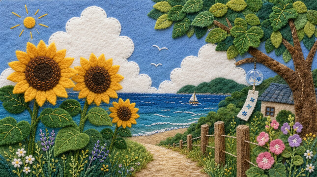 季節の風景。フェルトと刺繍で表現した夏の情景。海と入道雲とヨット。ひまわり、朝顔が咲く海辺の夏休み。