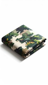 Folded fabric with camouflage pattern of trees and leaves