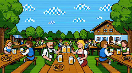 Fototapeta premium Pixel Art Oktoberfest Celebration: People Enjoying Beer and Pretzels Outdoors