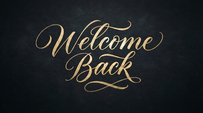 Elegant gold lettering with the phrase Welcome Back on a dark textured background.