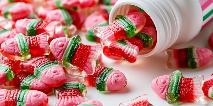 Colorful pink and green gummy fish candies spilling out of a white plastic bottle on a white background.