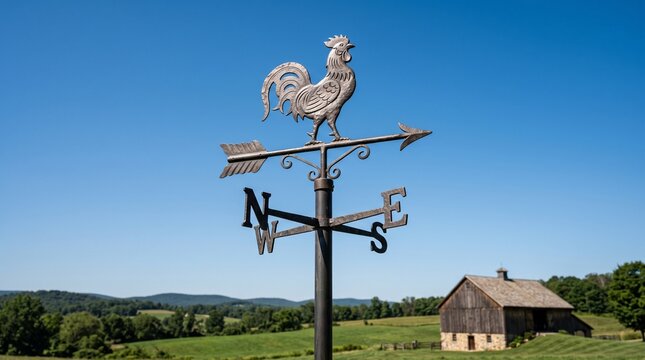 Charming rustic weather vane featuring a rooster near a farmhouse