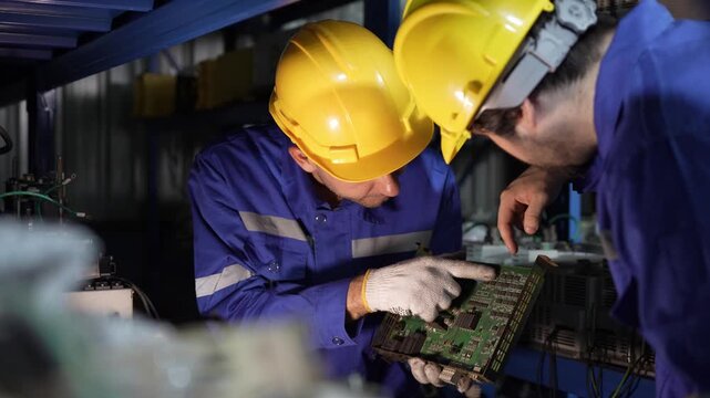 Worker man checking machinery component in warehouse setting, industrial engineer inspecting electrical part in factory plant, male technician holding electronic component in warehouse