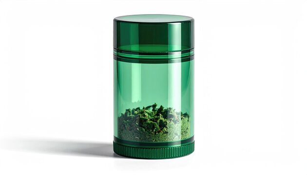A translucent emerald container holds a vibrant green granular substance