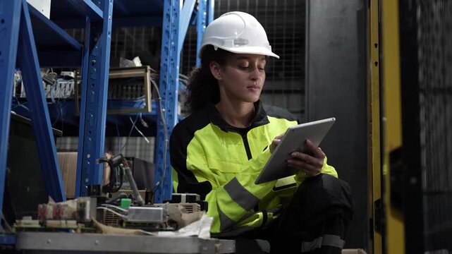Young female engineer in hard hat inspecting electronic components in warehouse, Industrial worker holding digital tablet and checking inventory of circuit boards, Technician managing electronic stock