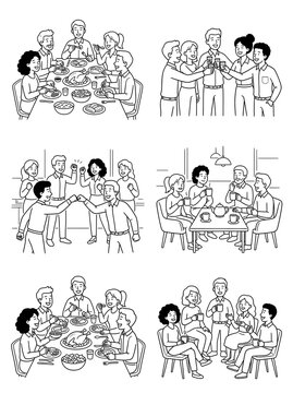 Friends and Colleagues Gathering Set Dinner Feast Toasting Fist Bump and Coffee Break Line Art Illustration