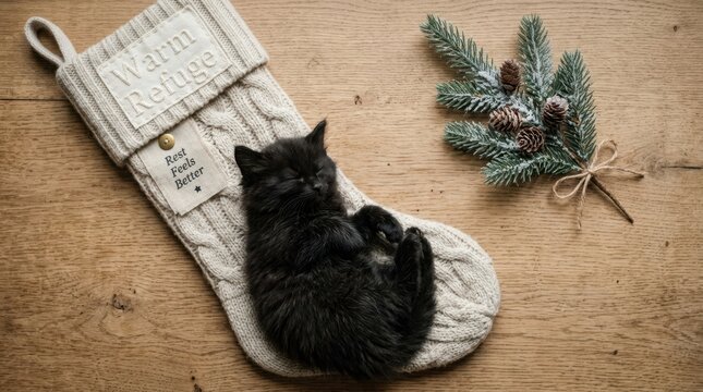 Adorable black kitten sleeping soundly on top of a white cable knit Christmas stocking lying on a rustic wooden table with pine cones and needles, providing a very warm and peaceful holiday season