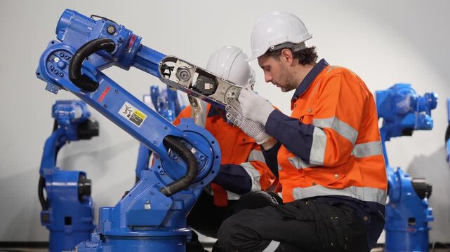 Team of technicians repairing automated machinery in manufacturing plant, Engineers in safety gear maintaining robotic arms in warehouse, Mechanics working on robot equipment parts in factory