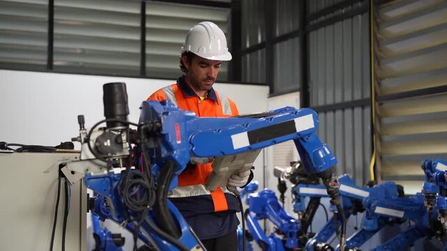 Engineer operating robotic arm in manufacturing warehouse, Industrial technician controlling automated machinery in factory, Professional worker programming robot equipment in industrial plant