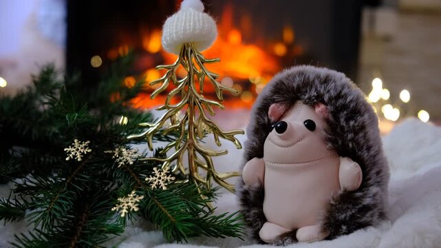 Christmas tree, cute fluffy hedgehog toy. Soft blurred glow of flames dances in the fireplace, inviting vibes. Cozy welcoming atmosphere, holidays, childhood, family gatherings, seasonal marketing.