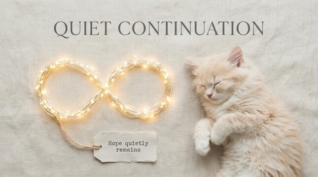 Adorable ginger kitten sleeps peacefully beside a glowing LED infinity symbol made of warm fairy lights on a linen fabric, representing eternal hope and quiet continuation in a calm serene atmosphere.