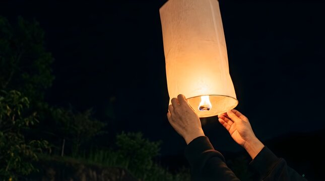 Hands releasing glowing paper lantern into night sky for celebration