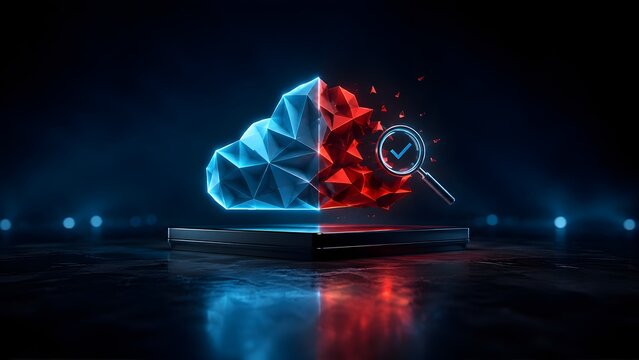 Poly cloud icon splitting into stable blue and fracturing red halves with checkmark. Concept of cloud server diagnostics and digital data recovery.