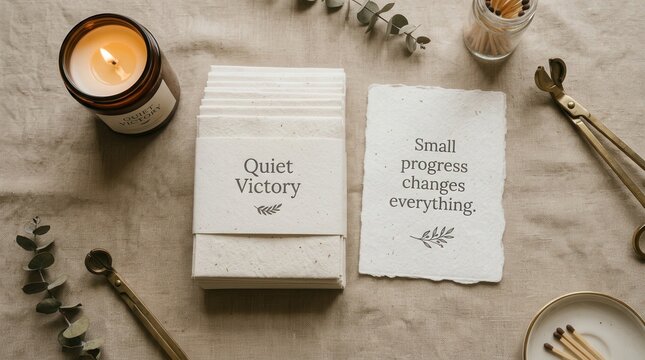 Aesthetic motivational affirmation cards featuring the text quiet victory and small progress changes everything placed on linen fabric next to a burning scented candle and vintage matches