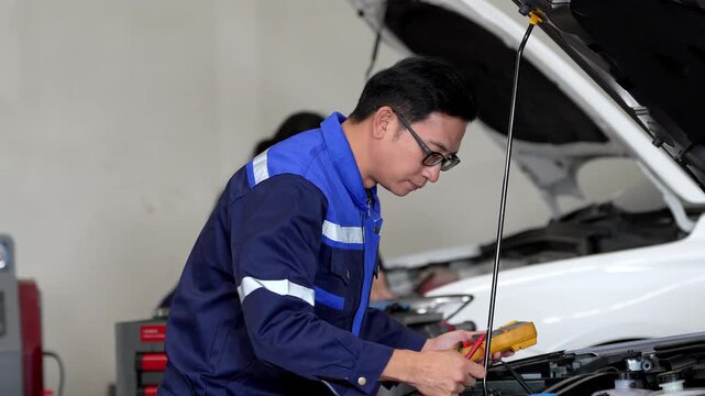 Asian man mechanic using multimeter for car engine diagnostic in garage, uniform technician performing maintenance, repair service, battery wiring test under open hood indoors
