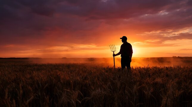 Silhouette of a Farmer Holding a Pitchfork in a Golden Wheat Field at Sunset