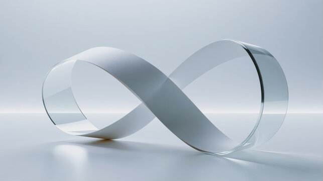 Minimalist 3D render of an infinity symbol made of glass and white ribbon, Mobius strip concept, elegant reflective surface on clean background