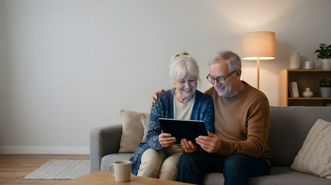 Happy senior couple sitting on sofa using tablet in living room