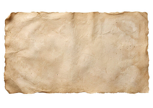 Vintage parchment paper with deckle edges, aged antique scroll texture on white background, weathered tan papyrus sheet for calligraphy and scrapbooking