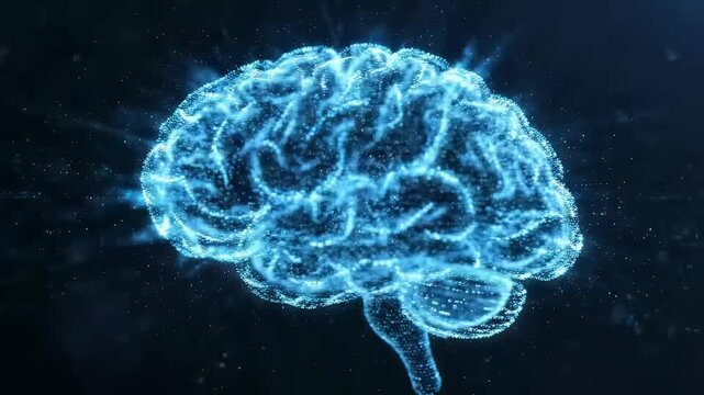 Digital illustration of a glowing blue human brain with neural network connections.