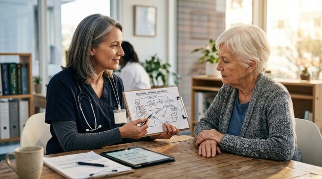 Doctor Explaining Medical Diagram To Senior Patient Focusing On Health Discussion At Table
