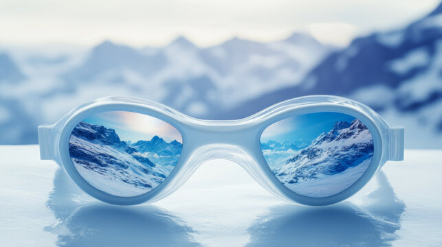Sports goggles on a reflective surface, reflecting stunning snow-covered mountain peaks under a clear blue sky