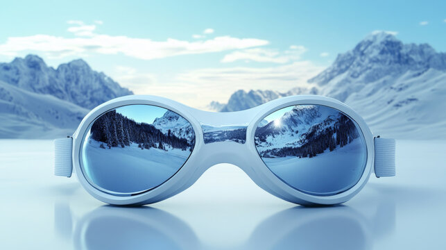 White ski goggles on snow with reflection of snow covered mountains and forest under blue sky