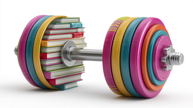 Conceptual dumbbell made of colorful books on white background, symbol of mental strength, brain exercise, education, and knowledge