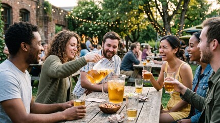 Obraz premium Diverse group of friends enjoying drinks and conversation at an outdoor beer garden with string lights