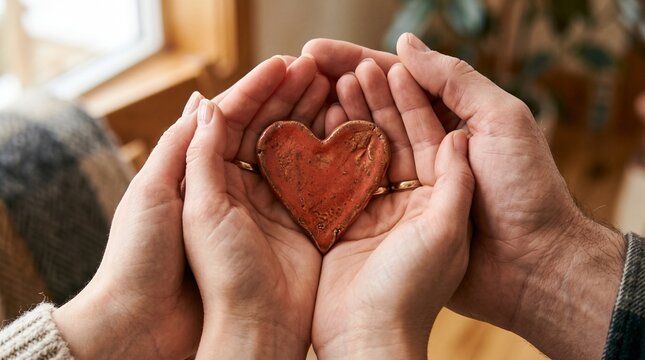 Couple holding a ceramic heart symbol of love and care in their hands